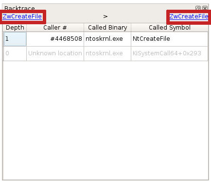 Example of a system call backtrace with prev/next backtraces highlighted